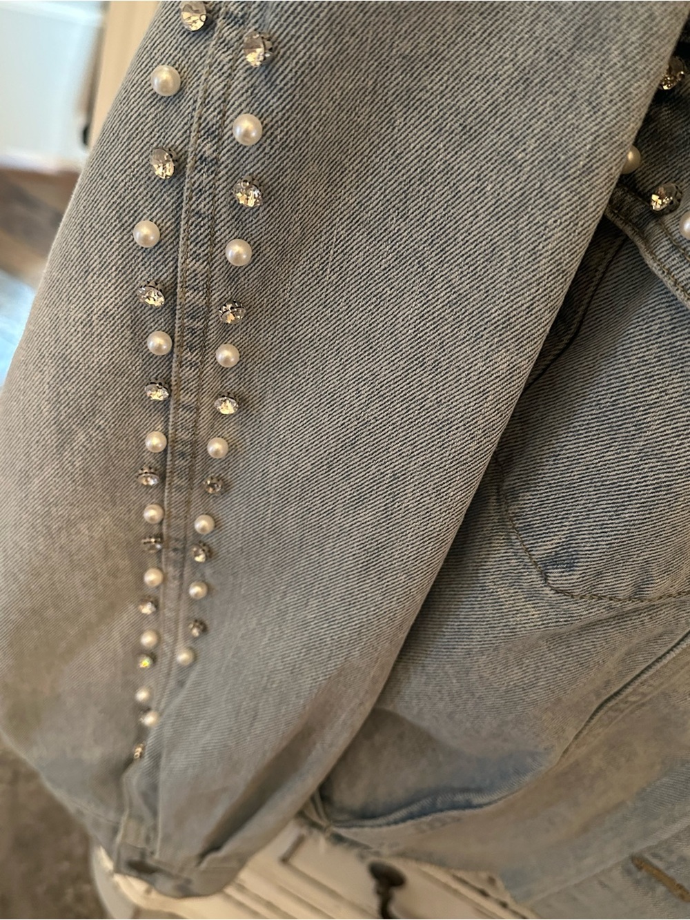 BIBI Light Gray Pearl-Trim Denim Jacket - Picture 3 of 4